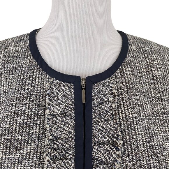 Doncaster Navy Blue White Tweed Ruffle Trim Full Zip Blazer Jacket Women's 14W - Picture 5 of 15